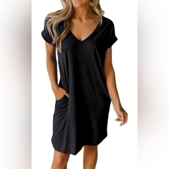 NWT BTFBM V-Neck Short Sleeve Dress Loose T-Shirt Tunic Short Dress with pocket - Picture 1 of 7